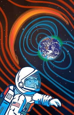 cartoon person in space looking at Earth