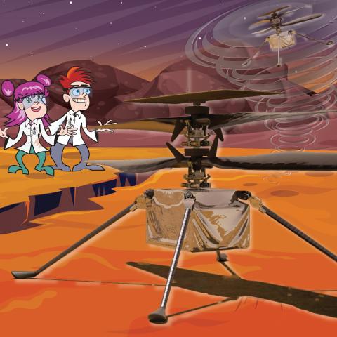 cartoon image of a girl scientist and boy scientist on Mars watching a quadcopter try to lift off